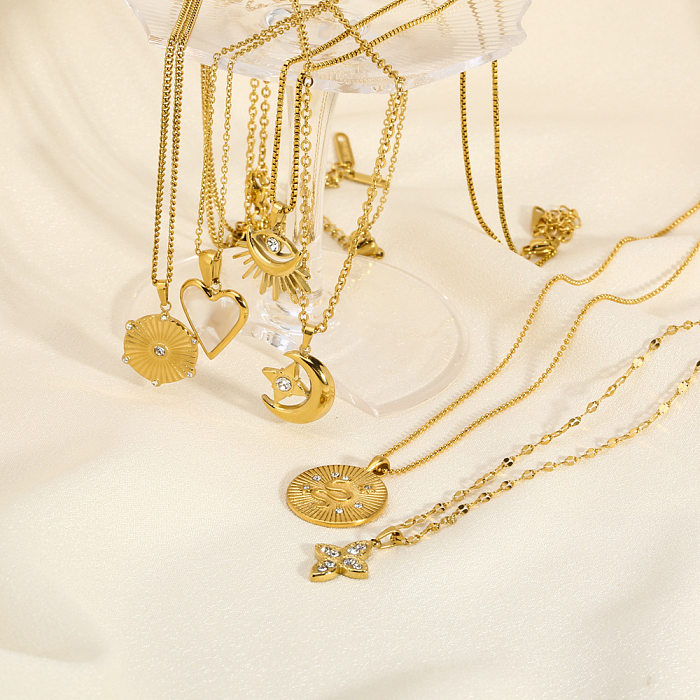 Lady Moon Herzform Edelstahl Edelstahlüberzug Inlay Künstliche Edelsteine ​​Vergoldete Anhänger-Halskette