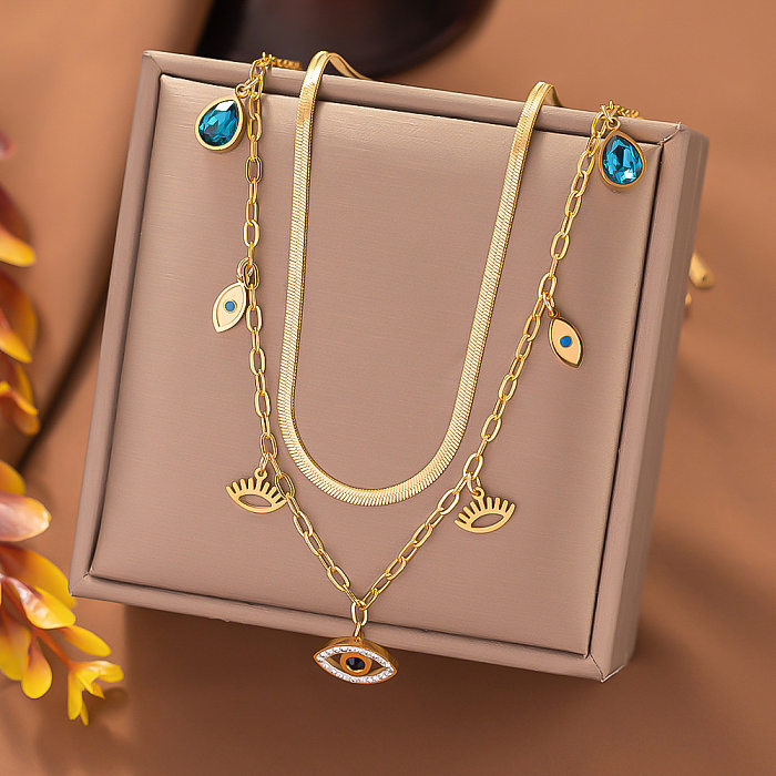 Casual Simple Style Devil'S Eye Lightning Stainless Steel Plating Hollow Out Inlay Turquoise Zircon Layered Necklaces