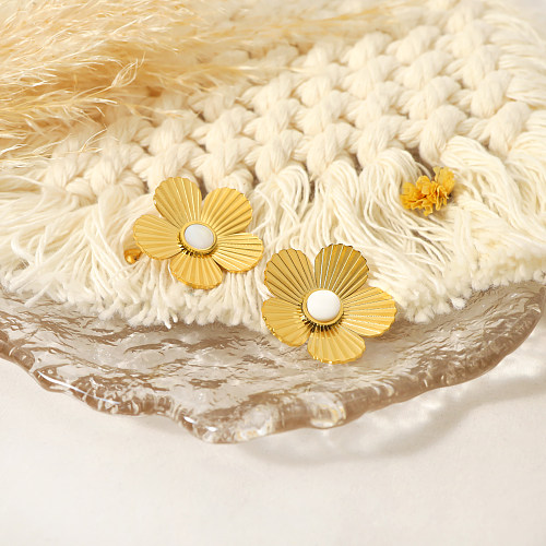 1 Paar elegante, schlichte Ohrstecker mit Blütenblatt-Edelstahlbeschichtung, Inlay, Perle und 14 Karat vergoldet