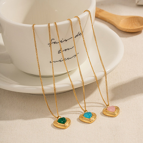 IG Style Heart Shape Stainless Steel  Plating Inlay Opal 18K Gold Plated Pendant Necklace