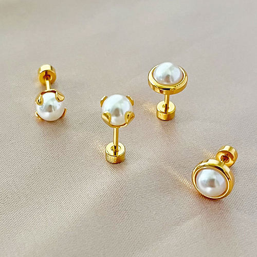 Clous d'oreilles ronds en acier inoxydable, Style Simple, incrustation de perles, 1 paire