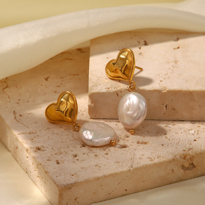 Simple Style Heart Shape Stainless Steel  Plating Artificial Pearls Drop Earrings 1 Pair
