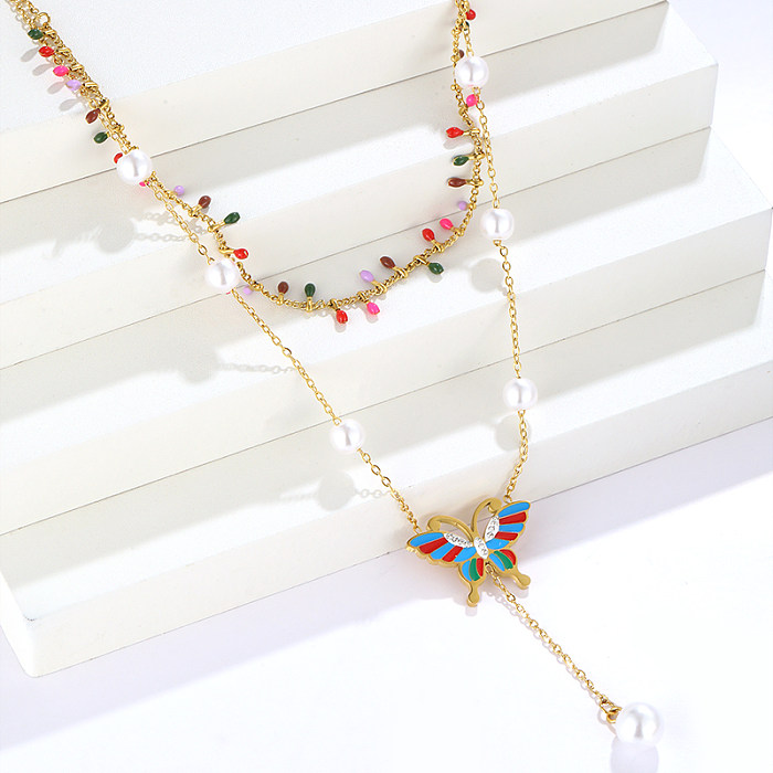Elegant Solid Color Stainless Steel  Plating Inlay Artificial Pearls 18K Gold Plated Double Layer Necklaces