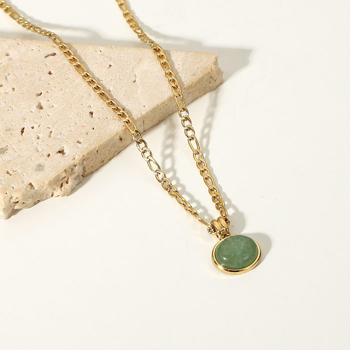 Collier en acier inoxydable avec pendentif rond en jade et aventurine verte 14 carats, chaîne Figaro