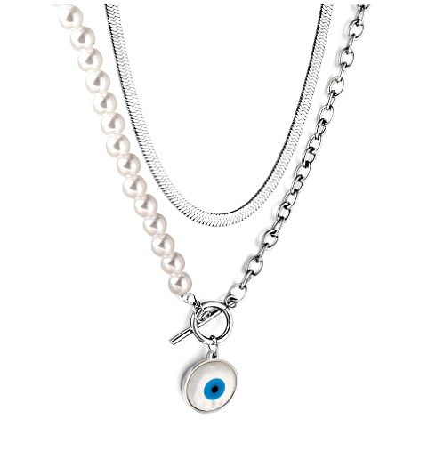 Collier de perles artificielles avec incrustation en acier inoxydable, lettre ronde rétro, œil du diable