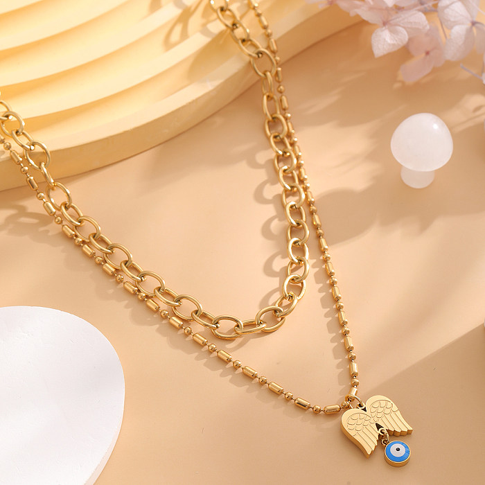 Retro Classic Style Eye Flower Butterfly Stainless Steel  Plating Inlay Shell Gold Plated Double Layer Necklaces