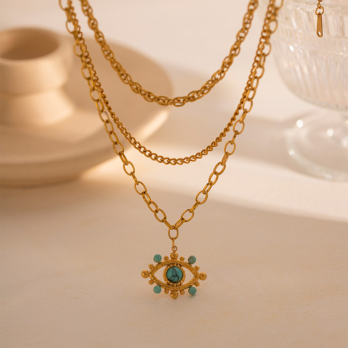 Simple Style Devil'S Eye Stainless Steel  Plating Inlay Turquoise 18K Gold Plated Three Layer Necklace