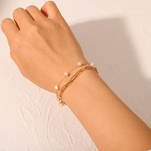 Bracelet en acier inoxydable géométrique à double couche de chaîne croisée de perles simples à la mode