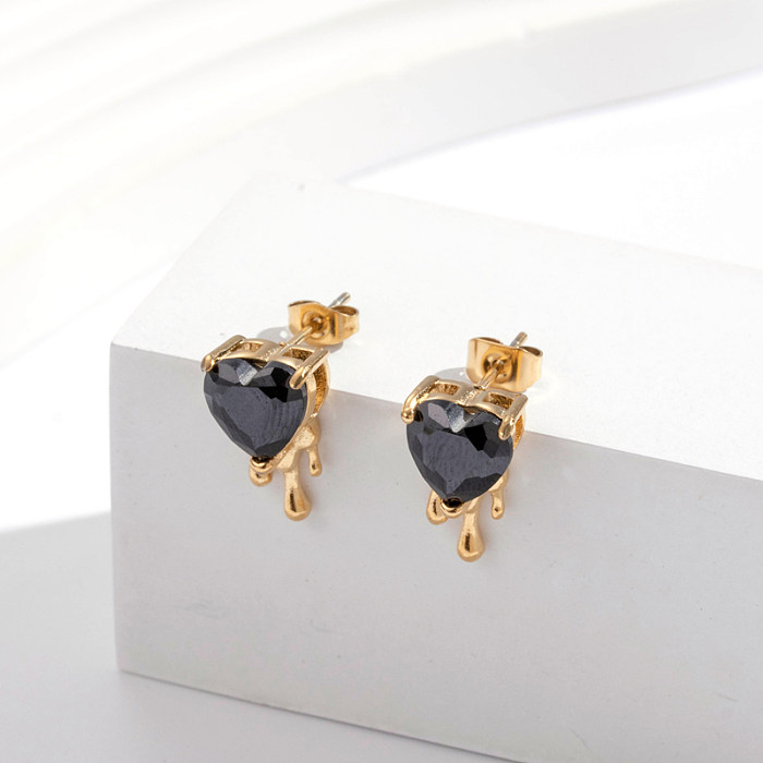 1 Pair Vintage Style French Style Simple Style Square Heart Shape Plating Inlay Stainless Steel  Zircon 18K Gold Plated Earrings