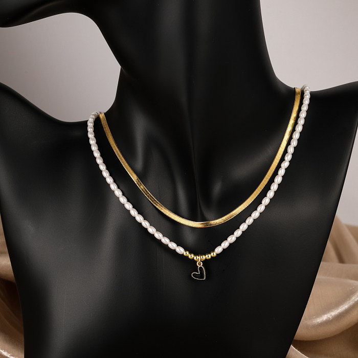 Collier pendentif en acier inoxydable en forme de coeur à la mode, colliers en acier inoxydable avec perles plaquées or, ensemble de 2 pièces