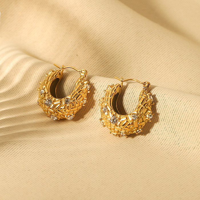 1 paire de boucles d'oreilles créoles plaquées or 18 carats, Style Vintage, incrustation de couleur unie, strass en acier inoxydable
