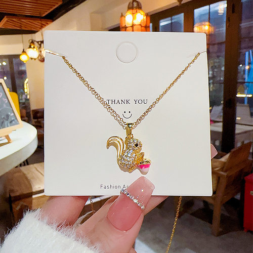 Cute Squirrel Stainless Steel Inlay Zircon Pendant Necklace
