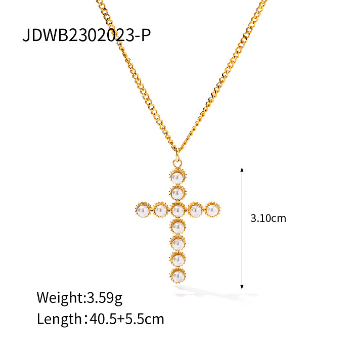 Collar con colgante chapado en oro de 18 quilates con incrustaciones de acero inoxidable y cruz de estilo moderno