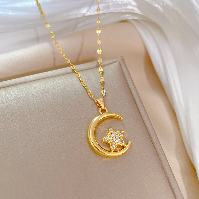 1 Piece Fashion Moon Stainless Steel  Inlay Zircon Pendant Necklace