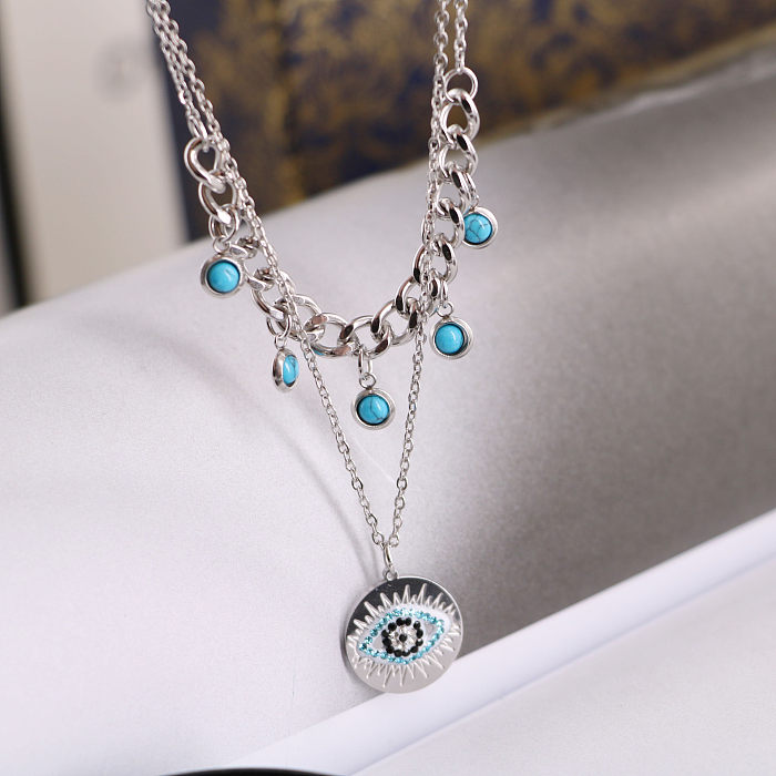 Casual Simple Style Round Devil'S Eye Stainless Steel Plating Inlay Turquoise Rhinestones Layered Necklaces