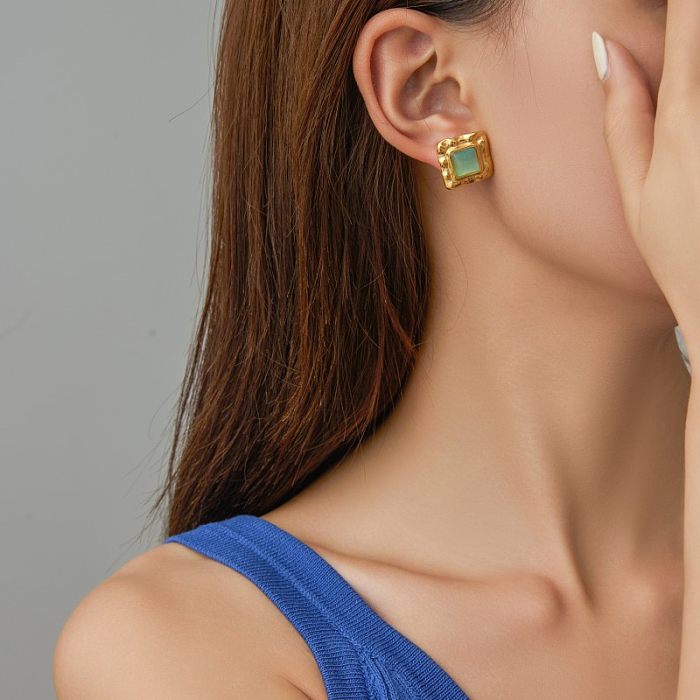 1 paire de clous d'oreilles élégants rétro carrés, incrustation de placage de polissage en acier inoxydable opale Lapis Lazuli plaqué or