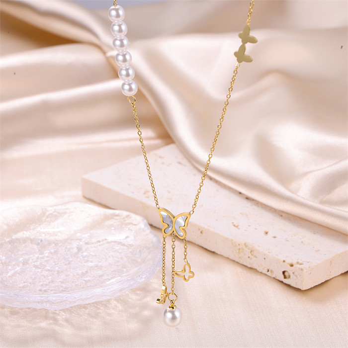 Simple Style Round Butterfly Stainless Steel  Tassel Plating 18K Gold Plated Pendant Necklace