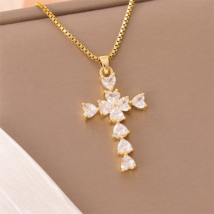Doce cruz pequeno urso flor aço inoxidável 18k banhado a ouro colar de pingente de diamante artificial a granel
