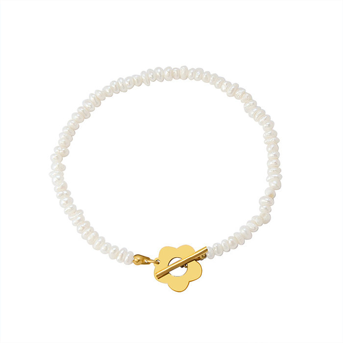 Fashion Light Luxury Freshwater Pearl Flower OT Buckle Titanium Steel Plated 18K Gold Bracelet
