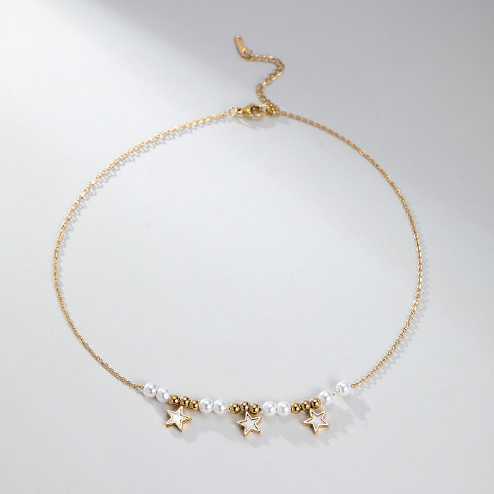 Elegante Sternperlen-Anhänger-Halskette aus Edelstahl mit Kunststoffperlenbeschichtung und 18-Karat-Vergoldung