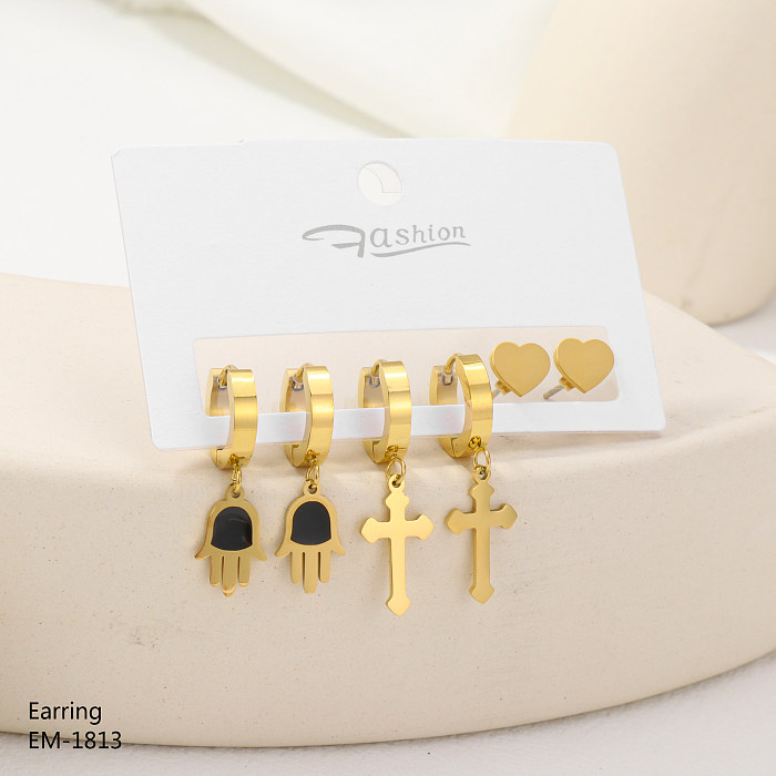 3 Pairs Simple Style Four Leaf Clover Palm Butterfly Plating Inlay Stainless Steel  Rhinestones Zircon Rose Gold Plated Gold Plated Silver Plated Drop Earrings Ear Studs