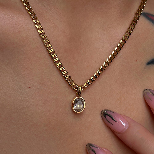IG Style Simple Style ovale en acier inoxydable placage incrustation Zircon plaqué or 18K pendentif collier Long collier
