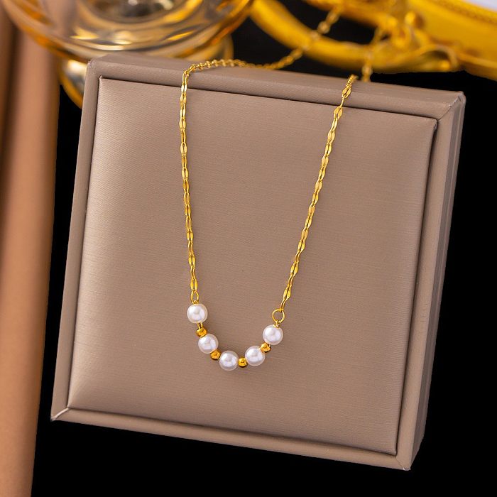 Simple Style Round Flower Imitation Pearl Stainless Steel Plating Necklace