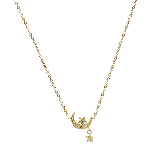 Sweet Artistic Star Moon Stainless Steel  Polishing Plating Inlay Rhinestones Gold Plated Pendant Necklace