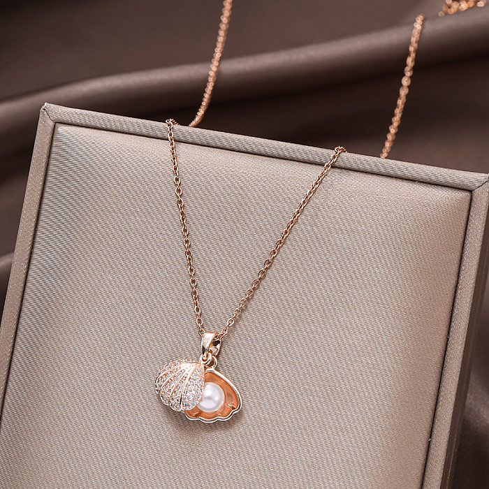 Mode einfachen Stil Shell Edelstahl Diamant künstliche Perlen Zirkon Halskette