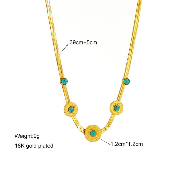 Runde Retro-Halskette aus Edelstahl mit Emaille-Beschichtung und türkisfarbener 18-Karat-Vergoldung