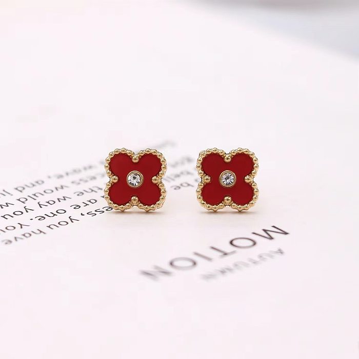 1 Pair Simple Style Four Leaf Clover Inlay Stainless Steel  Zircon Ear Studs