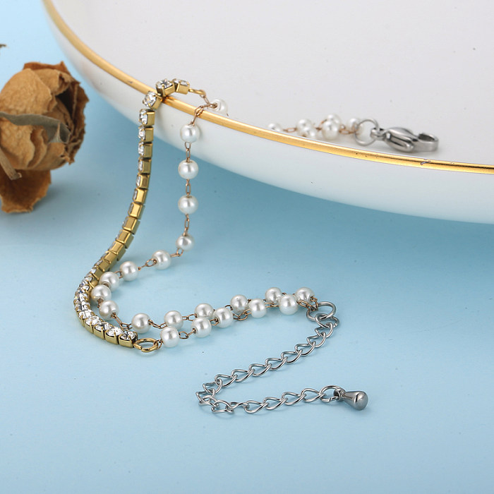 Fashion Geometric Titanium Steel Gold Plated Artificial Pearls Zircon Bracelets 1 Piece
