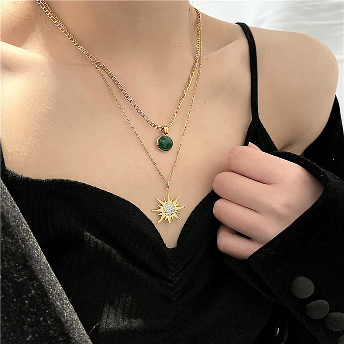 Retro Eight-Pointed Star Emerald Pendant Double-Layer Stainless Steel  Necklace