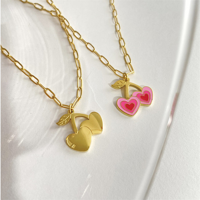 Cute Cherry Heart Shape Stainless Steel Enamel Plating 18K Gold Plated Pendant Necklace