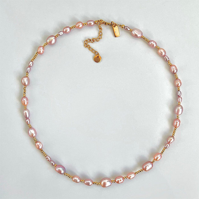 Retro Sweet Pearl Stainless Steel  Beaded Plating 18K Gold Plated Necklace