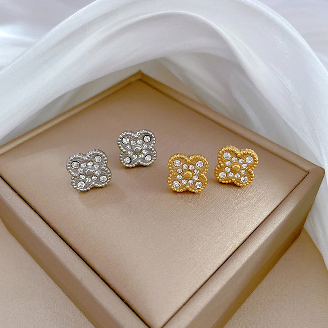 1 Pair Elegant Luxurious Four Leaf Clover Inlay Stainless Steel Artificial Gemstones Ear Studs