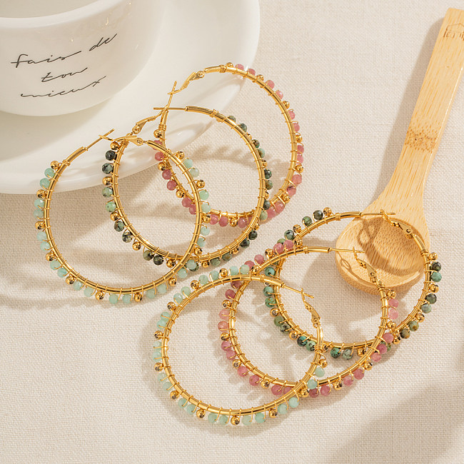 1 Paar Ohrringe im IG-Stil mit runder Beschichtung aus Edelstahl und Naturstein mit 18-Karat-Vergoldung