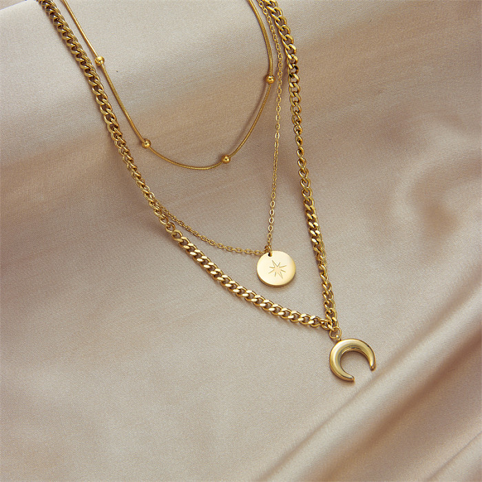 Colares em camadas de aço inoxidável estilo estrela lua estilo vintage colares de aço inoxidável banhados a ouro