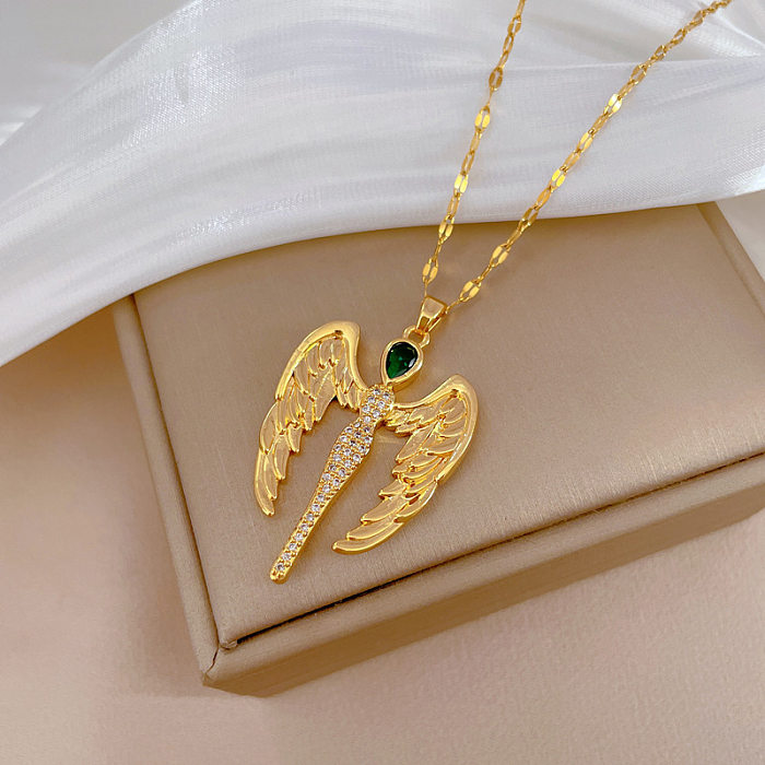 Sweet Artistic Wings Stainless Steel Copper Artificial Gemstones Pendant Necklace In Bulk