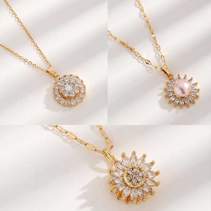 Glam Luxurious Simple Style Flower Stainless Steel Plating Inlay Zircon Gold Plated Pendant Necklace