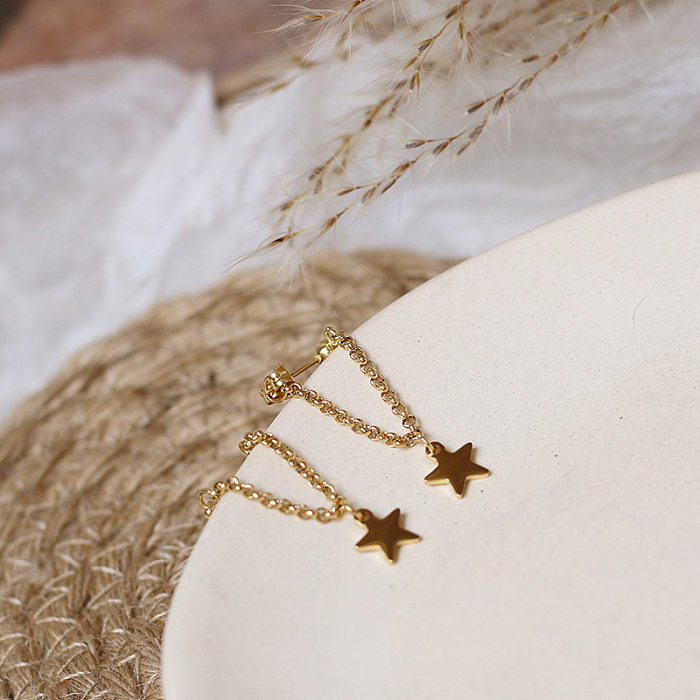 Brincos femininos com corrente de estrela montada na parte traseira, pingente de borla, aço inoxidável banhado a ouro 18K, preservação de cor de titânio médico