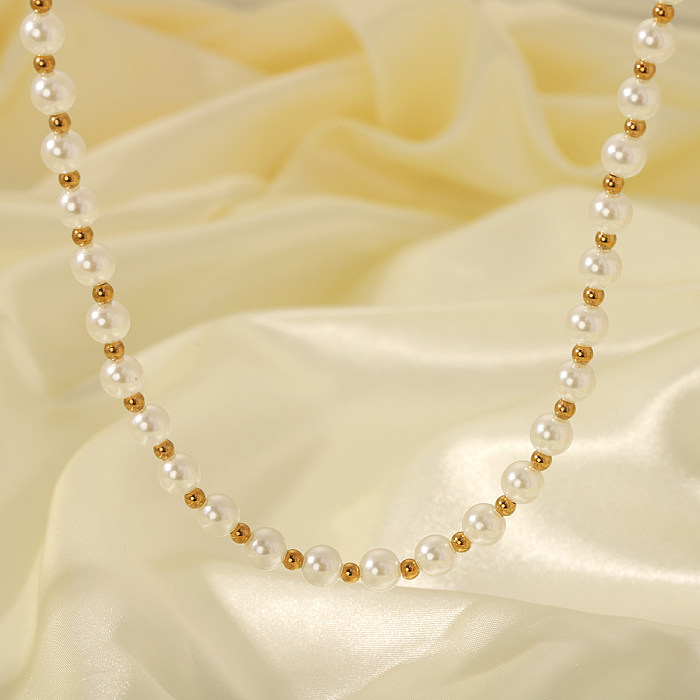 Collar chapado en oro de 18 quilates de acero inoxidable con perlas de estilo francés estilo barroco de estilo vintage a granel