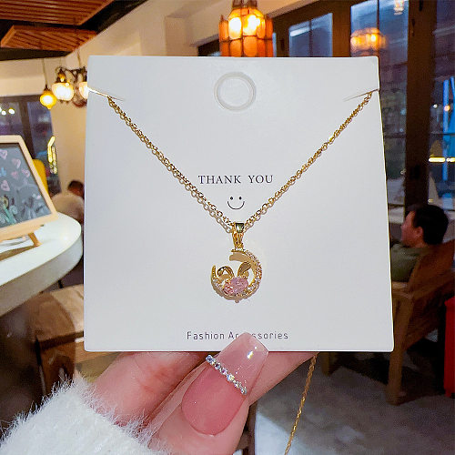 INS Style Sweet Rabbit Moon Stainless Steel Plating Inlay Zircon Pendant Necklace
