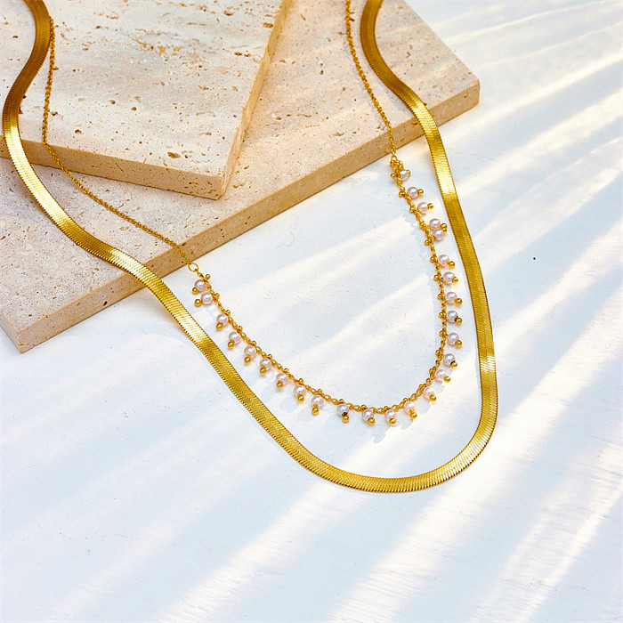 Elegant Geometric Stainless Steel  Inlay Artificial Pearls 18K Gold Plated Layered Necklaces