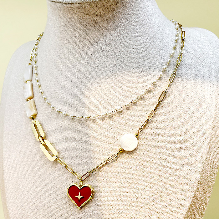 Glam Lady estilo romano forma de corazón de acero inoxidable perla artificial con cuentas esmalte chapado en oro collares en capas