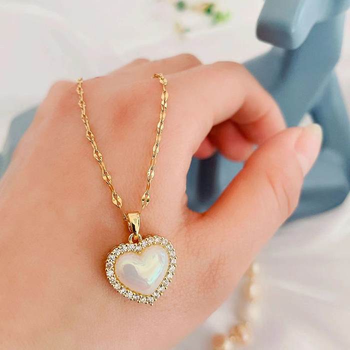 Sweet Heart Shape Stainless Steel Plating Inlay Artificial Gemstones 18K Gold Plated Pendant Necklace