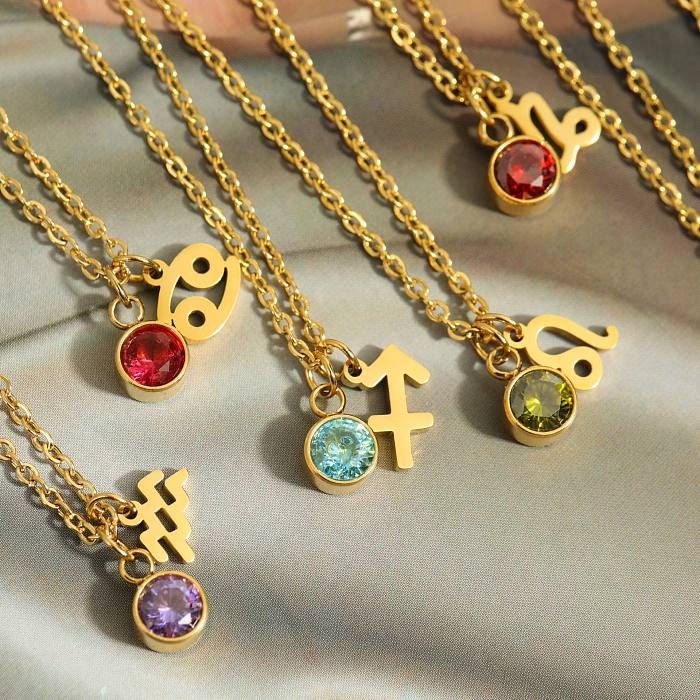 Fashion Classic Twelve Constellations Zircon Birthstone Pendant Zodiac Stainless Steel Necklace