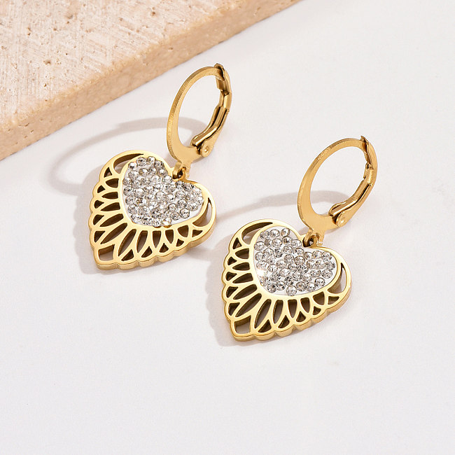 1 Pair Modern Style Heart Shape Polishing Plating Inlay Stainless Steel  Rhinestones 14K Gold Plated Drop Earrings