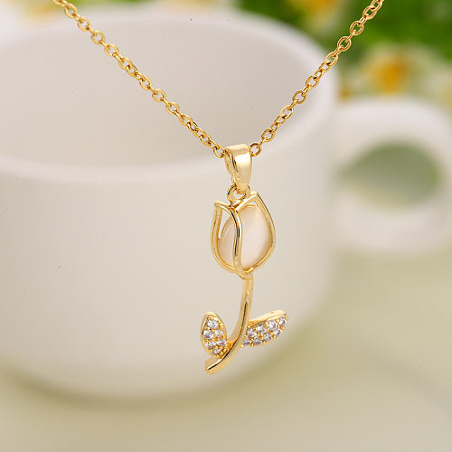 Casual Simple Style Tulip Stainless Steel Inlay Opal Zircon Pendant Necklace