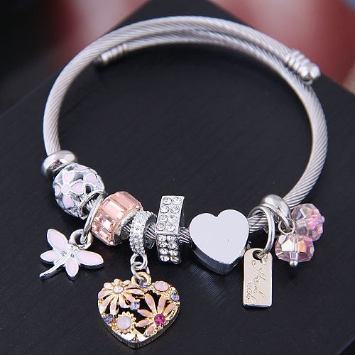Brazalete de diamantes de imitación con incrustaciones de aleación de acero inoxidable con flor en forma de corazón de estilo étnico